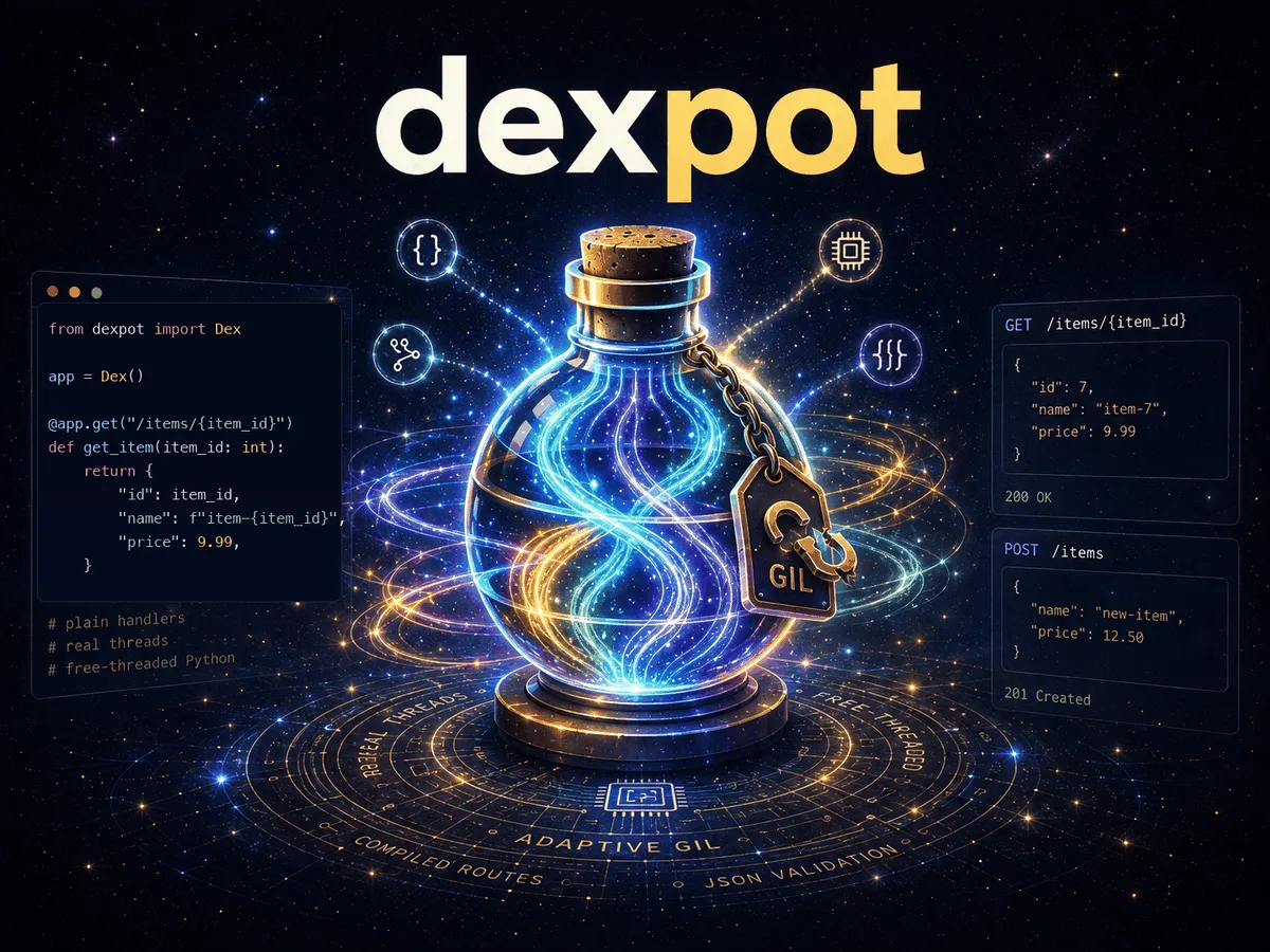 Dexpot artwork showing a potion vessel with Python API code and execution symbols