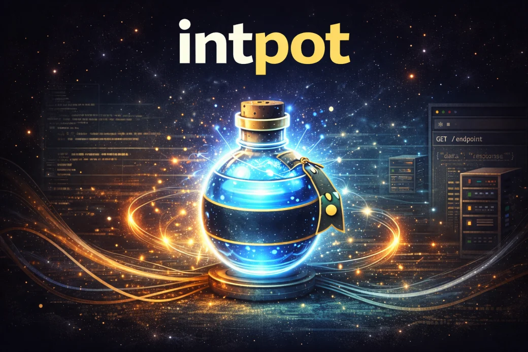Intpot artwork showing a potion vessel connecting code, API endpoints, and interfaces