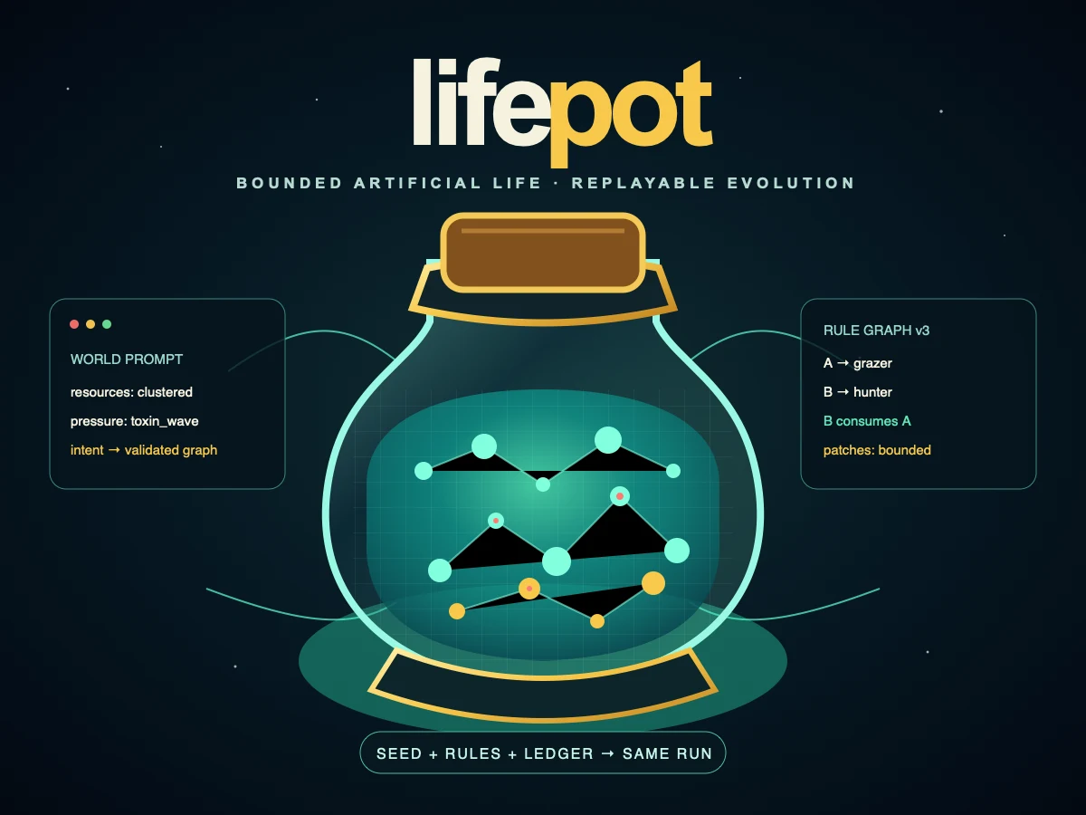 LifePot artwork showing a replayable artificial-life world inside a potion vessel