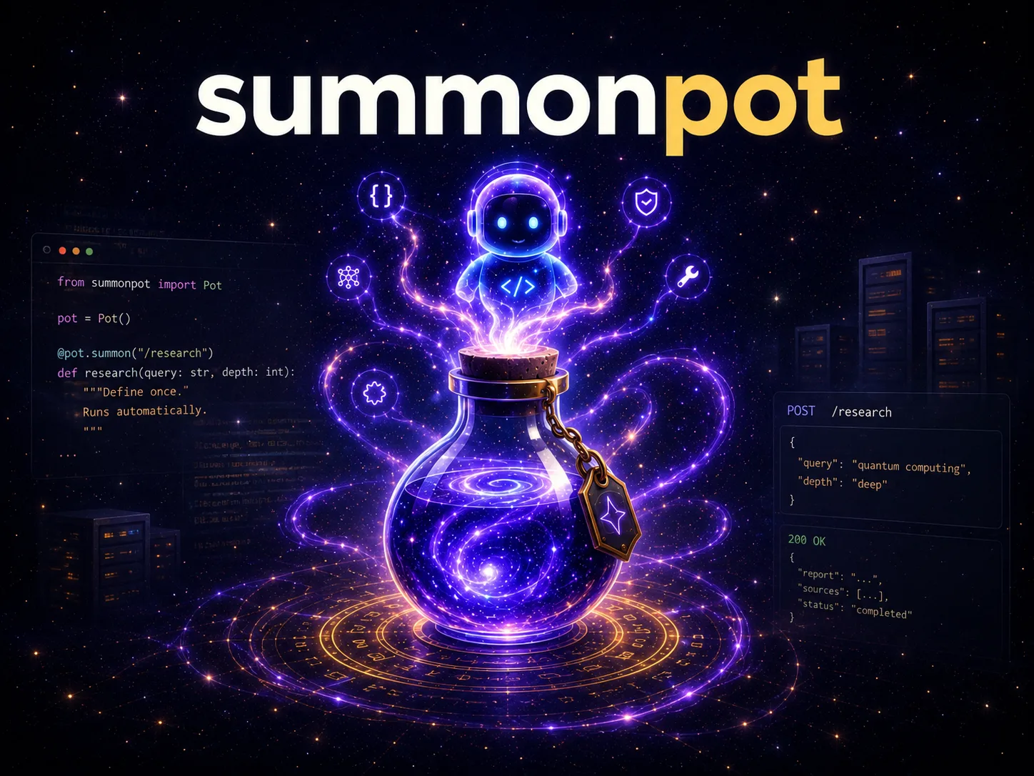Summonpot artwork showing a potion vessel with bounded capabilities and an agent
